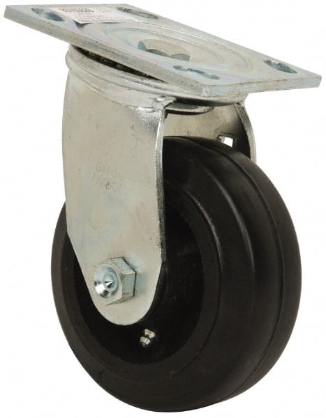 Value Collection - 5" Diam x 2" Wide x 6-1/2" OAH Top Plate Mount Swivel Caster - Rubber, 500 Lb Capacity, Roller Bearing, 4 x 4-1/2" Plate - Exact Tooling