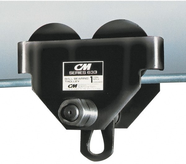 CM - 1/2 Ton Capacity Wide Range Ball Bearing Trolley - 2-1/2" to 5-5/8" Flange Width, 29/32" Wheel Diam, 3" to 15" I-Beam, 35" Min Radius - Exact Tooling