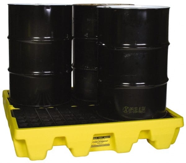 Eagle - 66 Gal Sump, 8,000 Lb Capacity, 4 Drum, Polyethylene Spill Deck or Pallet - 51-1/2" Long x 51-1/2" Wide x 8" High, Yellow, Liftable Fork, Drain Included, Low Profile, Vertical, 2 x 2 Drum Configuration - Exact Tooling
