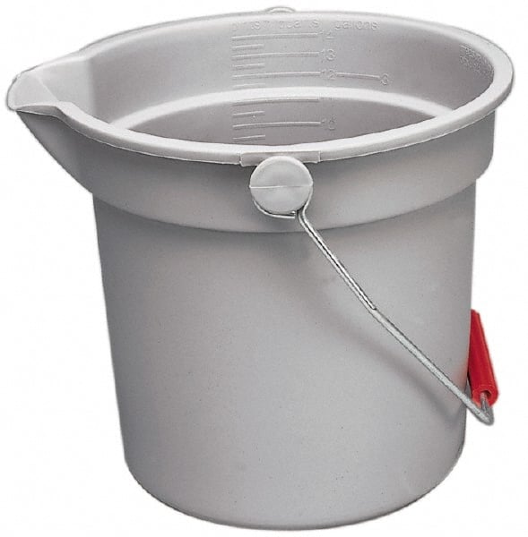 Rubbermaid - 14 Qt, 11-1/4" High, Plastic Round Gray Single Pail with Pour Spout - Handle Included, 12" Top Diam - Exact Tooling
