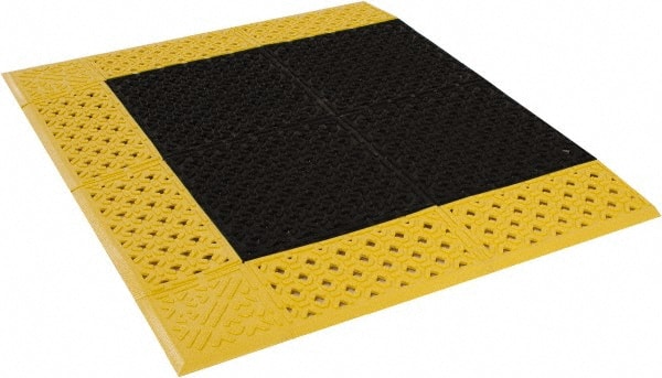 Notrax - 3' Long, Dry/Wet Environment, Anti-Fatigue Matting - Black with Yellow Borders, Vinyl with Vinyl Base, Beveled on 3 Sides - Exact Tooling