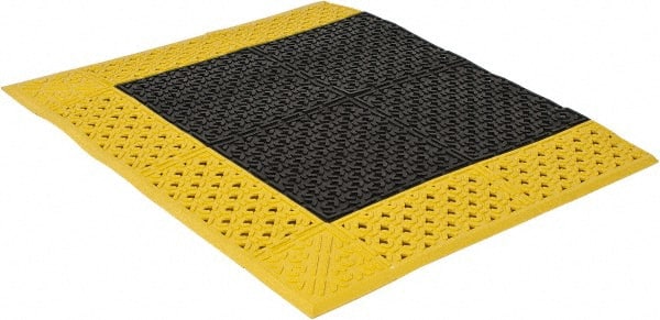 Notrax - 3' Long, Dry/Wet Environment, Anti-Fatigue Matting - Black with Yellow Borders, Vinyl with Vinyl Base, Beveled on 3 Sides - Exact Tooling