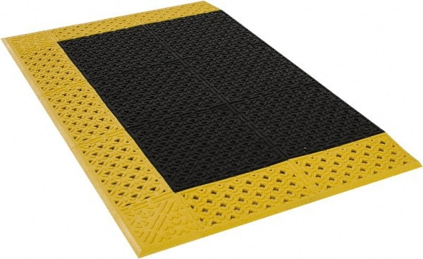 Notrax - 4' Long, Dry/Wet Environment, Anti-Fatigue Matting - Black with Yellow Borders, Vinyl with Vinyl Base, Beveled on 3 Sides - Exact Tooling