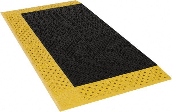 Notrax - 5' Long, Dry/Wet Environment, Anti-Fatigue Matting - Black with Yellow Borders, Vinyl with Vinyl Base, Beveled on 3 Sides - Exact Tooling