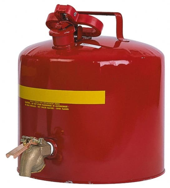 Eagle - 5 Gal Brass Faucet Safety Can - 13-1/2" High x 12-1/2" Diam, Red with Yellow - Exact Tooling