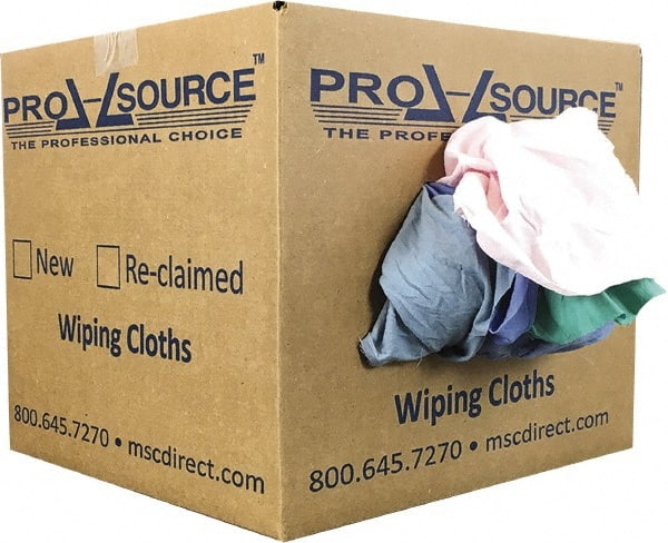 PRO-SOURCE - Reclaimed Poly/Cotton T-Shirt Rags - Assorted Colors, Poly/Cotton, Low Lint, 10 Lbs. at 4 to 6 per Pound, Box - Exact Tooling
