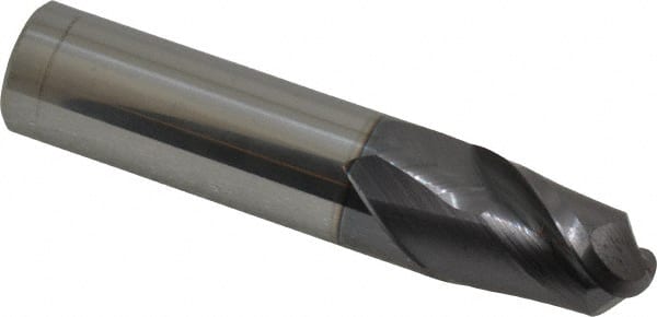 Accupro - 5/8" Diam, 7/8" LOC, 2 Flute Solid Carbide Ball End Mill - AlTiN Finish, Single End, 3" OAL, 5/8" Shank Diam, Spiral Flute - Exact Tooling