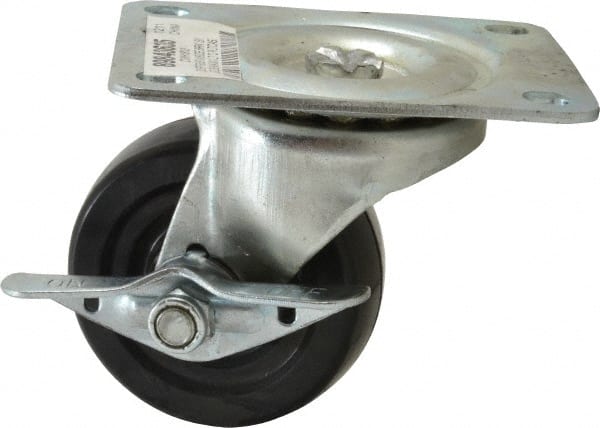Value Collection - 3" Diam x 1-1/4" Wide x 3-13/16" OAH Top Plate Mount Swivel Caster with Brake - Soft Rubber, 175 Lb Capacity, Self-Lubricating Bearing, 3-1/8 x 4-1/8" Plate - Exact Tooling