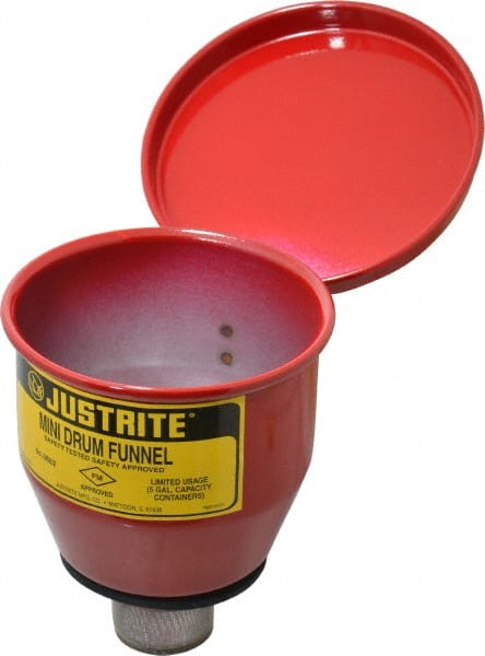 Justrite - 4-1/2" High x 4-1/2" Diam, Galvanized Steel, Manual Closing Pail Funnel with Flame Arrester - 1" Arrester/Tube Length, 5 Gal Drum/Pail Capacity - Exact Tooling