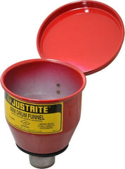 Justrite - 4-1/2" High x 4-1/2" Diam, Galvanized Steel, Manual Closing Pail Funnel with Flame Arrester - 1" Arrester/Tube Length, 5 Gal Drum/Pail Capacity - Exact Tooling