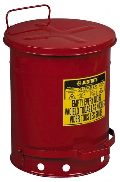 Justrite - 10 Gallon Capacity, Galvanized Steel Disposal Can - 13-15/16 Inch Wide/Diameter x 18-1/4 Inch High, Red, Foot Operated, Approved FM and UL - Exact Tooling