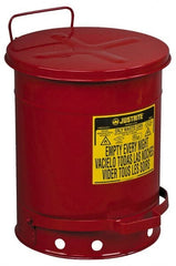Justrite - 10 Gallon Capacity, Galvanized Steel Disposal Can - 13-15/16 Inch Wide/Diameter x 18-1/4 Inch High, Red, Foot Operated, Approved FM and UL - Exact Tooling