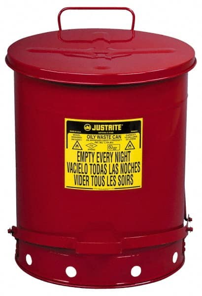 Justrite - 14 Gallon Capacity, Galvanized Steel Disposal Can - 16-1/16 Inch Wide/Diameter x 20-1/4 Inch High, Red, Foot Operated, Approved FM and UL - Exact Tooling