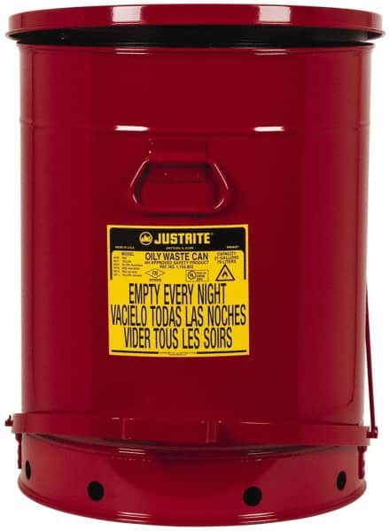 Justrite - 21 Gallon Capacity, Galvanized Steel Disposal Can - 18-3/8 Inch Wide/Diameter x 23-7/16 Inch High, Red, Foot Operated, Approved FM and UL - Exact Tooling