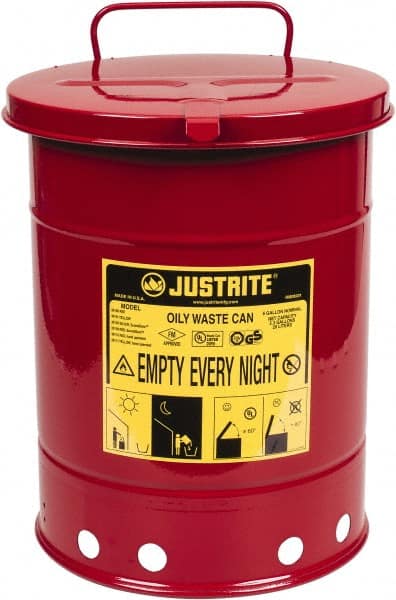 Justrite - 6 Gallon Capacity, Galvanized Steel Disposal Can - 11-7/8 Inch Wide/Diameter x 15-7/8 Inch High, Red, Hand Operated, Approved FM and UL - Exact Tooling
