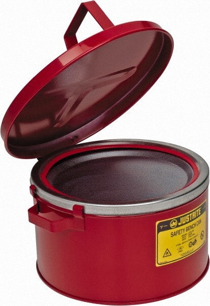 Justrite - 2 Gallon Capacity, Coated Steel, Red Bench Can - 5-7/8 Inch High x 11-1/2 Inch Diameter, 9-3/4 Inch Dasher Diameter - Exact Tooling