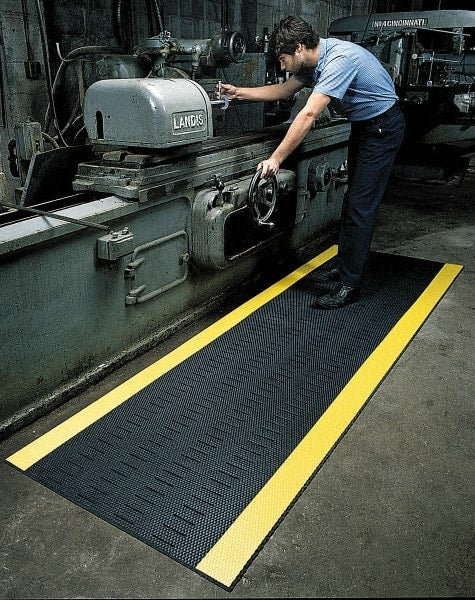 Wearwell - 60' Long x 3' Wide, Dry/Wet Environment, Anti-Fatigue Matting - Black with Yellow Borders, Vinyl with Vinyl Base, Beveled on 4 Sides - Exact Tooling