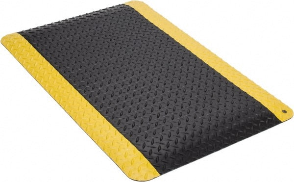 Wearwell - 3' Long x 2' Wide, Dry Environment, Anti-Fatigue Matting - Black with Yellow Borders, Vinyl with Nitrile Blend Base, Beveled on 4 Sides - Exact Tooling