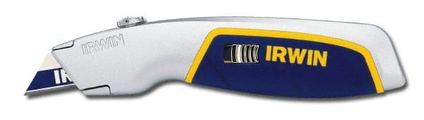Irwin - Retractable Utility Knife - Silver & Blue Plastic Handle, 3 Blades Included - Exact Tooling