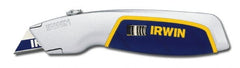 Irwin - Retractable Utility Knife - Silver & Blue Plastic Handle, 3 Blades Included - Exact Tooling