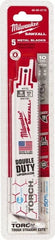 Milwaukee Tool - 6" Long x 1" Thick, Bi-Metal Reciprocating Saw Blade - Straight Profile, 10 TPI, Toothed Edge, Universal Shank - Exact Tooling