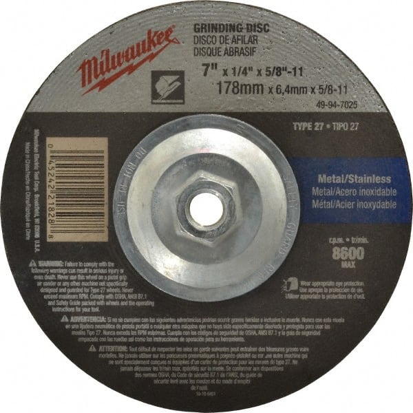 Milwaukee Tool - 24 Grit, 7" Wheel Diam, 1/4" Wheel Thickness, Type 27 Depressed Center Wheel - Aluminum Oxide, Resinoid Bond, R Hardness, 8,600 Max RPM, Compatible with Angle Grinder - Exact Tooling