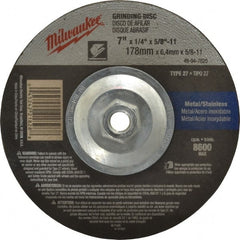 Milwaukee Tool - 24 Grit, 7" Wheel Diam, 1/4" Wheel Thickness, Type 27 Depressed Center Wheel - Aluminum Oxide, Resinoid Bond, R Hardness, 8,600 Max RPM, Compatible with Angle Grinder - Exact Tooling
