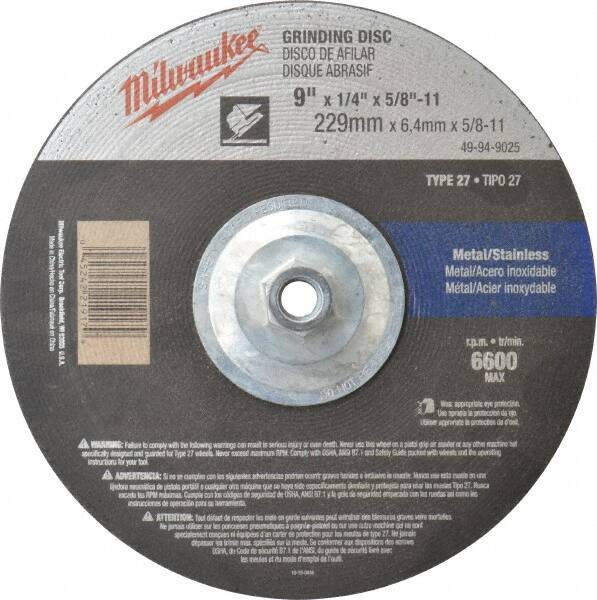Milwaukee Tool - 24 Grit, 9" Wheel Diam, 1/4" Wheel Thickness, Type 27 Depressed Center Wheel - Aluminum Oxide, Resinoid Bond, R Hardness, 6,600 Max RPM, Compatible with Angle Grinder - Exact Tooling