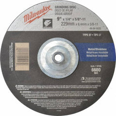 Milwaukee Tool - 24 Grit, 9" Wheel Diam, 1/4" Wheel Thickness, Type 27 Depressed Center Wheel - Aluminum Oxide, Resinoid Bond, R Hardness, 6,600 Max RPM, Compatible with Angle Grinder - Exact Tooling