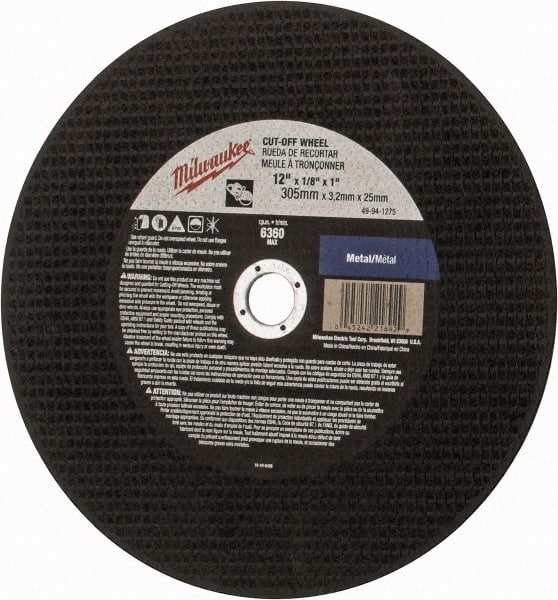 Milwaukee Tool - 12" 24 Grit Aluminum Oxide Cutoff Wheel - 1/8" Thick, 1" Arbor, 6,360 Max RPM, Use with Angle Grinders - Exact Tooling