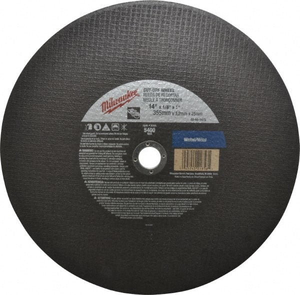 Milwaukee Tool - 14" 24 Grit Aluminum Oxide Cutoff Wheel - 1/8" Thick, 1" Arbor, 5,400 Max RPM, Use with Angle Grinders - Exact Tooling