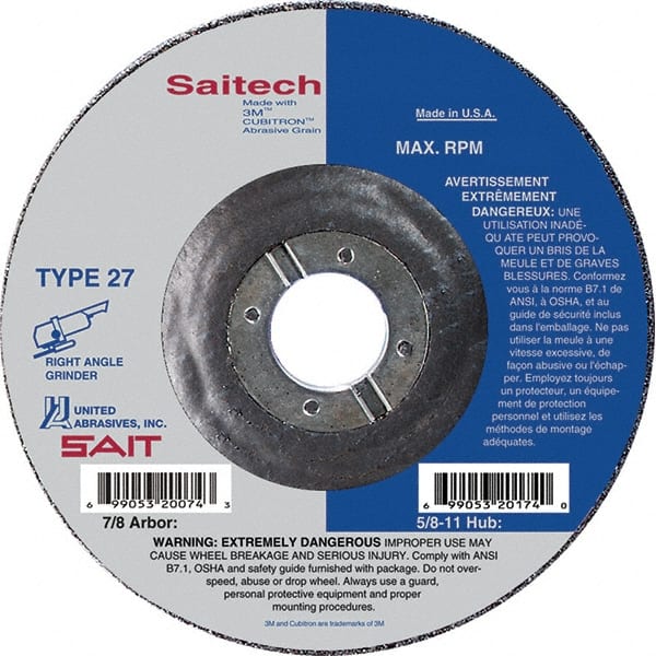 Sait - 4" Wheel Diam, 1/4" Wheel Thickness, 5/8" Arbor Hole, Type 27 Depressed Center Wheel - Ceramic, Resinoid Bond, 13,500 Max RPM, Compatible with Angle Grinder - Exact Tooling