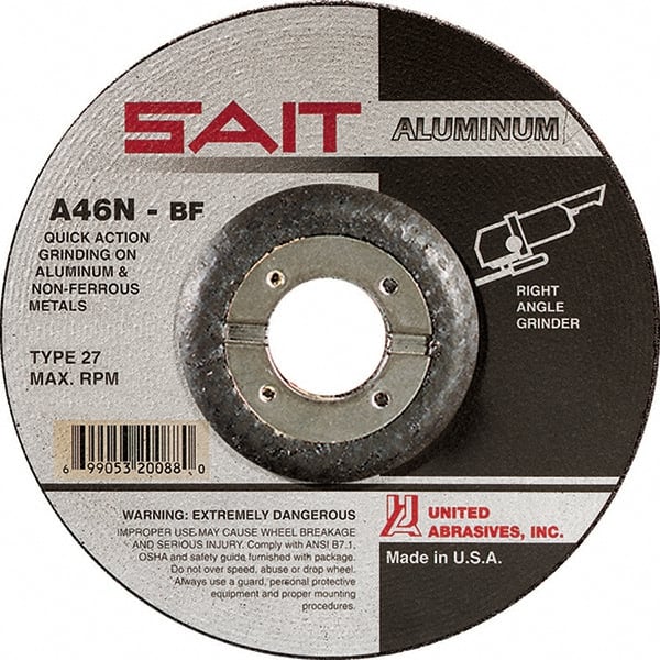 Sait - 46 Grit, 4" Wheel Diam, 1/4" Wheel Thickness, 5/8" Arbor Hole, Type 27 Depressed Center Wheel - Aluminum Oxide, Resinoid Bond, N Hardness, 13,500 Max RPM, Compatible with Angle Grinder - Exact Tooling