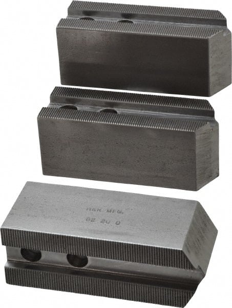 H & R Manufacturing - 1.5mm x 60° Serrated Attachment, Square Soft Lathe Chuck Jaw - 3 Jaws, Steel, 1.181" Btw Mount Hole Ctrs, 5" Long x 1-3/4" Wide x 2" High, 0.63" Groove, 12mm Fastener - Exact Tooling
