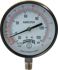 Winters - 4" Dial, 1/4 Thread, 30-0-150 Scale Range, Pressure Gauge - Lower Connection Mount, Accurate to 3-2-3% of Scale - Exact Tooling