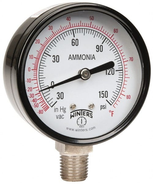 Winters - 2-1/2" Dial, 1/4 Thread, 30-0-150 Scale Range, Pressure Gauge - Lower Connection Mount, Accurate to 3-2-3% of Scale - Exact Tooling