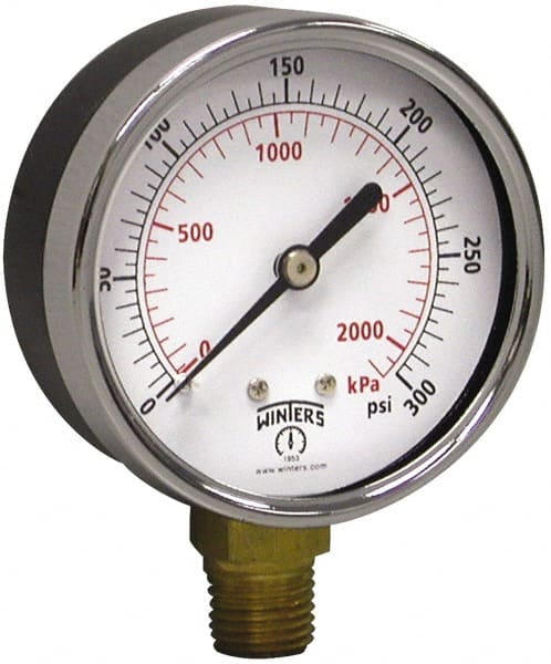 Winters - 2-1/2" Dial, 1/4 Thread, 0-300 Scale Range, Pressure Gauge - Lower Connection Mount, Accurate to 3-2-3% of Scale - Exact Tooling