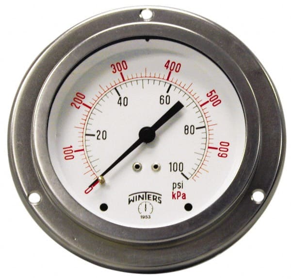 Winters - 2-1/2" Dial, 1/4 Thread, 0-600 Scale Range, Pressure Gauge - Front Flange Panel Mount, Center Back Connection Mount, Accurate to 1.5% of Scale - Exact Tooling