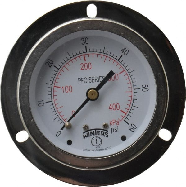 Winters - 2-1/2" Dial, 1/4 Thread, 0-60 Scale Range, Pressure Gauge - Front Flange Panel Mount, Center Back Connection Mount, Accurate to 1.5% of Scale - Exact Tooling
