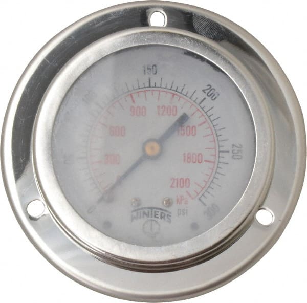 Winters - 2-1/2" Dial, 1/4 Thread, 0-300 Scale Range, Pressure Gauge - Front Flange Panel Mount, Center Back Connection Mount, Accurate to 1.5% of Scale - Exact Tooling