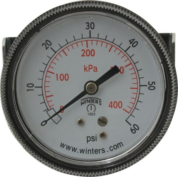 Winters - 2-1/2" Dial, 1/4 Thread, 0-60 Scale Range, Pressure Gauge - U-Clamp Panel Mount, Center Back Connection Mount, Accurate to 2.5% of Scale - Exact Tooling