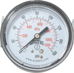 Winters - 2-1/2" Dial, 1/4 Thread, 0-160 Scale Range, Pressure Gauge - U-Clamp Panel Mount, Center Back Connection Mount, Accurate to 2.5% of Scale - Exact Tooling