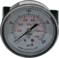 Winters - 2-1/2" Dial, 1/4 Thread, 0-200 Scale Range, Pressure Gauge - U-Clamp Panel Mount, Center Back Connection Mount, Accurate to 2.5% of Scale - Exact Tooling