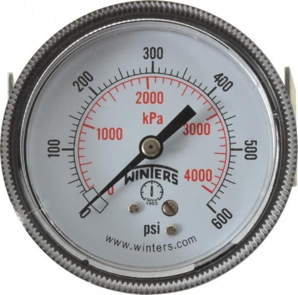 Winters - 2-1/2" Dial, 1/4 Thread, 0-600 Scale Range, Pressure Gauge - U-Clamp Panel Mount, Center Back Connection Mount, Accurate to 2.5% of Scale - Exact Tooling