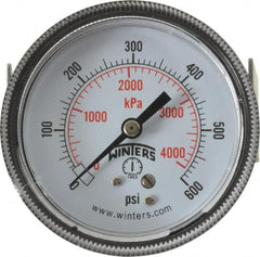 Winters - 2-1/2" Dial, 1/4 Thread, 0-600 Scale Range, Pressure Gauge - U-Clamp Panel Mount, Center Back Connection Mount, Accurate to 2.5% of Scale - Exact Tooling