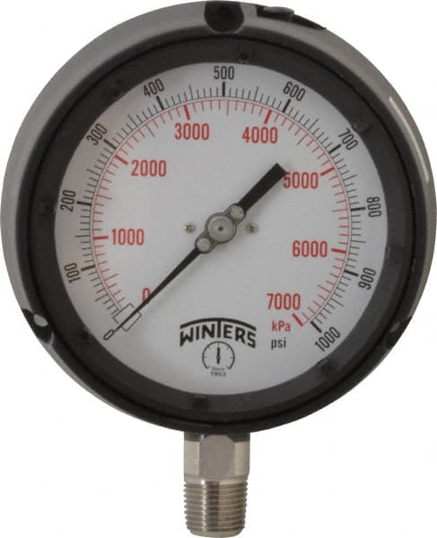 Winters - 4-1/2" Dial, 1/2 Thread, 0-1,000 Scale Range, Pressure Gauge - Lower Connection Mount, Accurate to 0.5% of Scale - Exact Tooling