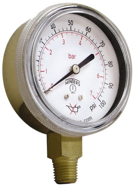 Winters - 1/4 Inch NPT, 75 Max psi, Brass Case Cylinder Pressure Gauge - 2-1/2 Inch Dial Diameter, 0 to 100 psi Display Range - Exact Tooling