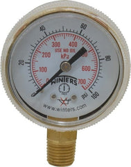 Winters - 1/4 Inch NPT, 75 Max psi, Brass Case Cylinder Pressure Gauge - 2 Inch Dial Diameter, 0 to 100 psi Display Range - Exact Tooling