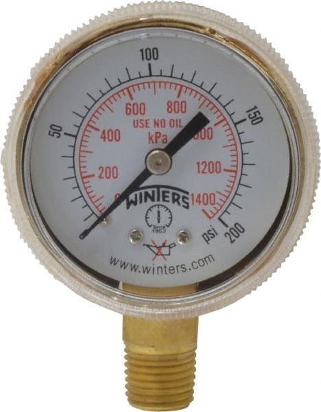Winters - 1/4 Inch NPT, 150 Max psi, Brass Case Cylinder Pressure Gauge - 2 Inch Dial Diameter, 0 to 200 psi Display Range - Exact Tooling