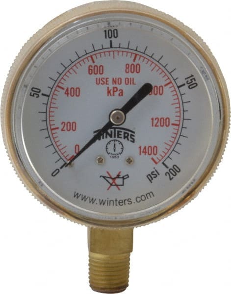 Winters - 1/4 Inch NPT, 150 Max psi, Brass Case Cylinder Pressure Gauge - 2-1/2 Inch Dial Diameter, 0 to 200 psi Display Range - Exact Tooling